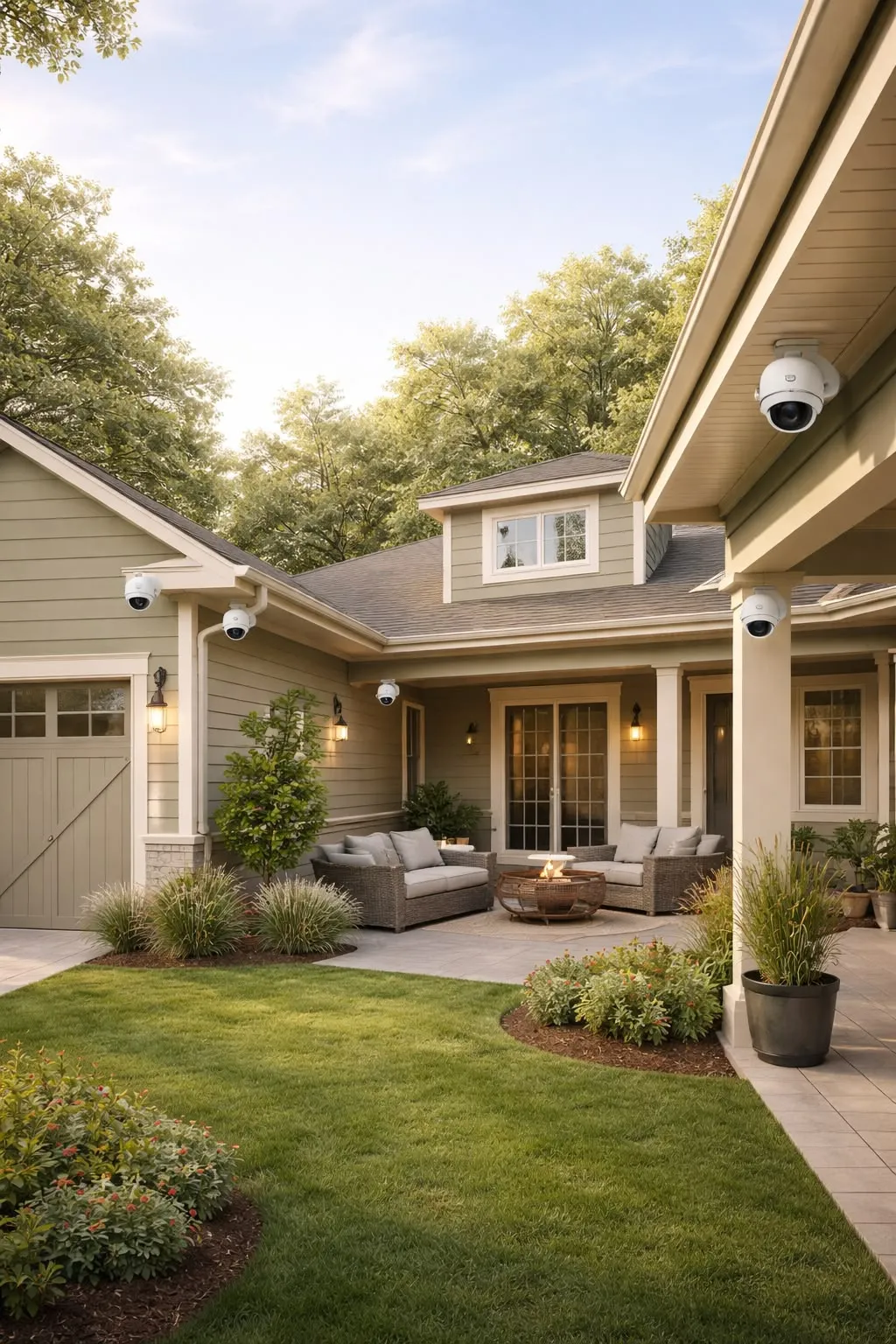 Security camera mounted under the eaves of a house