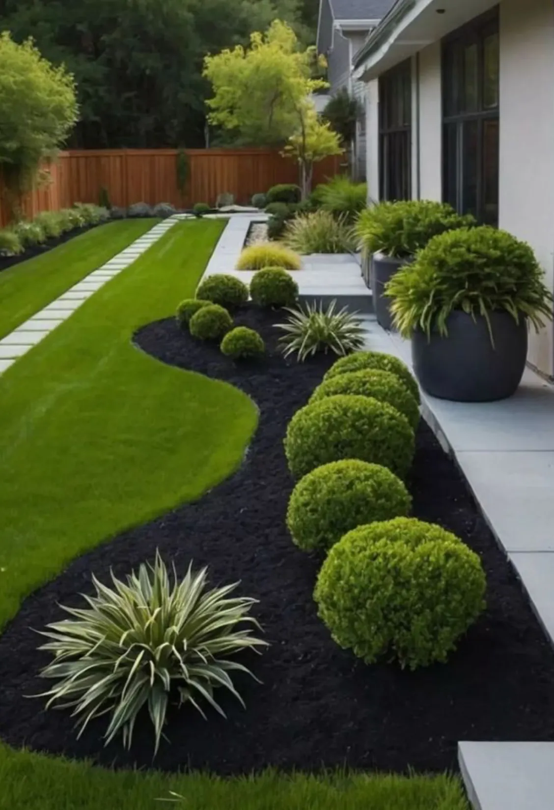 Maintained garden bed with fresh mulch and clipped hedging
