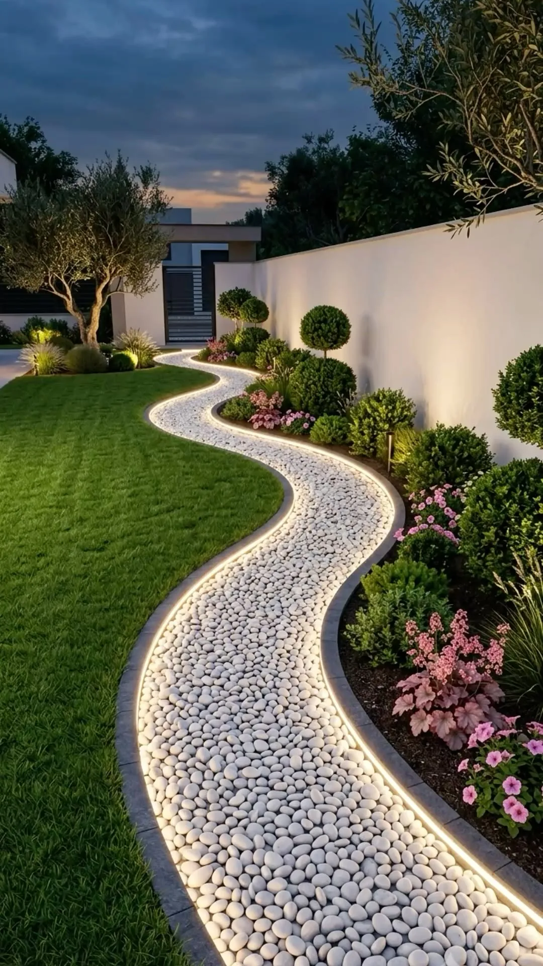 Garden path lit by low-level outdoor lighting at dusk